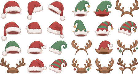 Christmas vector set with Santa hats, elf caps, and reindeer antlers headbands for winter holiday party photo booth props design © Sukhi
