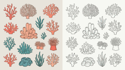 Collection of colorful and monochrome coral reef elements, sea anemones, and aquatic plants, perfect for marine life illustrations and designs. © renender