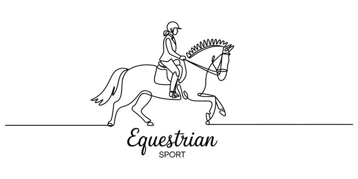 Continuous line drawing of a person riding a horse for equestrian sport