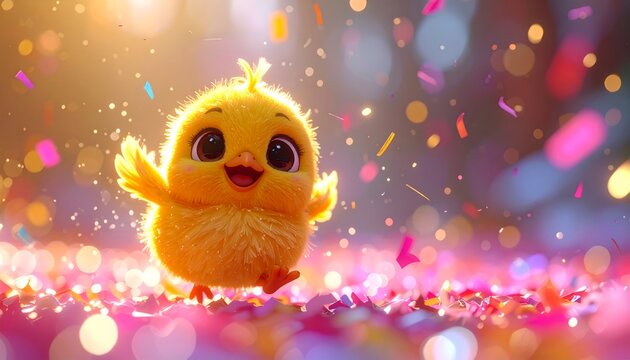 A cheerful yellow chick standing on confetti.