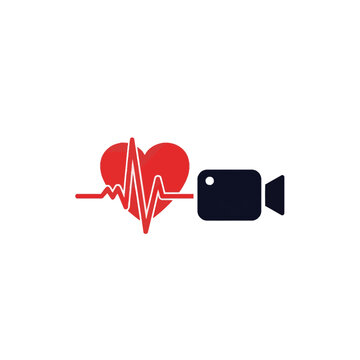Minimalist vector logo featuring a red heart with an integrated heartbeat EKG line pulse connected to a black digital video camera icon, isolated on a solid white background.