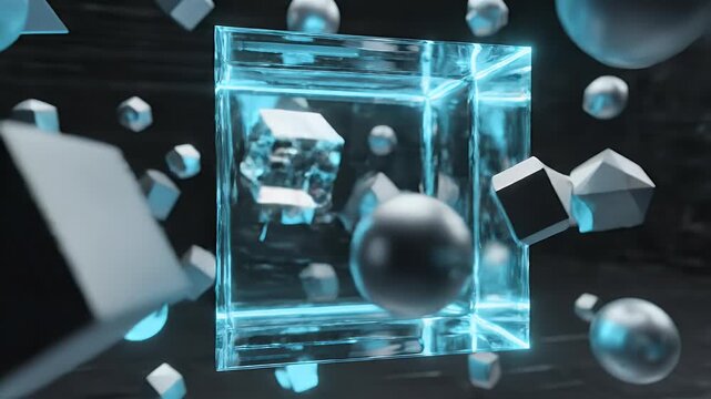 Abstract digital render with glowing blue cube and floating geometric shapes