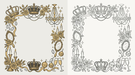 Elegant vintage decorative frame with crowns, roses, chandelier, and champagne glasses. © renender