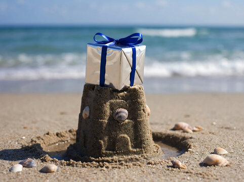Silver gift box with blue ribbon on sandcastle at beach ocean waves background sunny day outdoor celebration present.