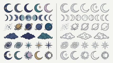 Collection of Celestial Elements Including Moon Phases, Planets, Stars, Galaxies, and Clouds. © renender
