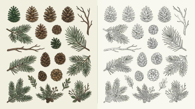 Collection of Hand-Drawn Pine Cones and Evergreen Branches in Color and Monochrome.