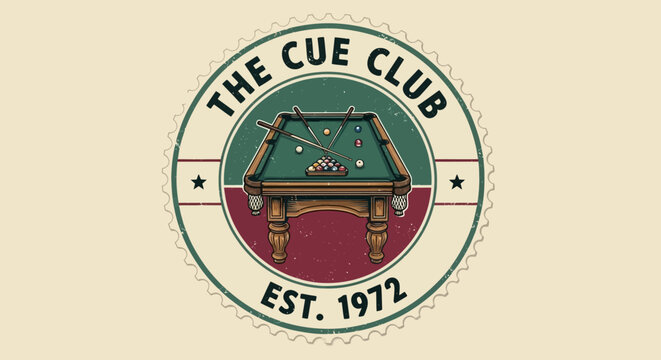 Retro Pool Table Emblem with Balls and Cues - The Cue Club Est. 1972