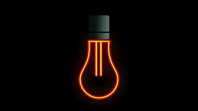 A single neon orange glowing filament light bulb with a dark cap isolated on a pure black background