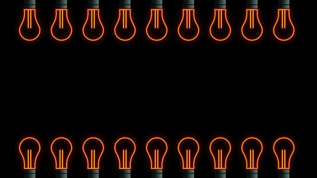 Two horizontal rows of small neon orange filament bulbs arranged symmetrically on a dark black background