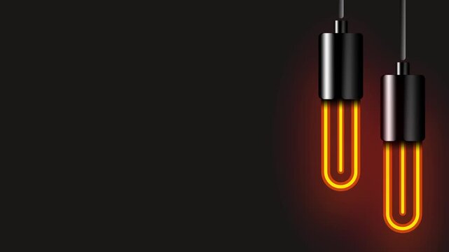 Two neon orange glowing filament tube bulbs hanging at different heights on a dark black background