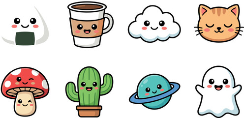 Cute kawaii mixed icons vector illustration set featuring onigiri coffee cup cloud cat mushroom cactus planet and friendly ghost © Aktarul