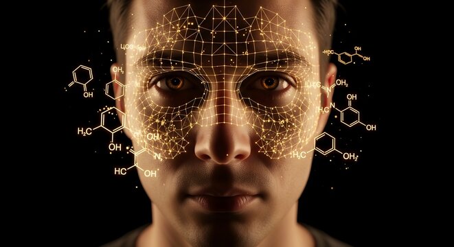 Digital facial recognition and chemistry symbols on a man face profile