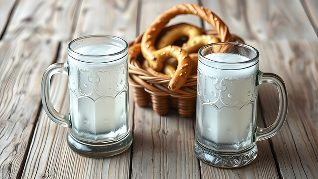 Rustic wooden table, intricate pretzel basket, frosty unlabeled steins, Professional Stock Photo, High Resolution Background