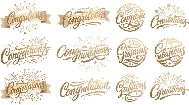 Gold congratulations lettering typography collection with elegant metallic badges ribbons fireworks stars and festive luxury greeting card vector elements set