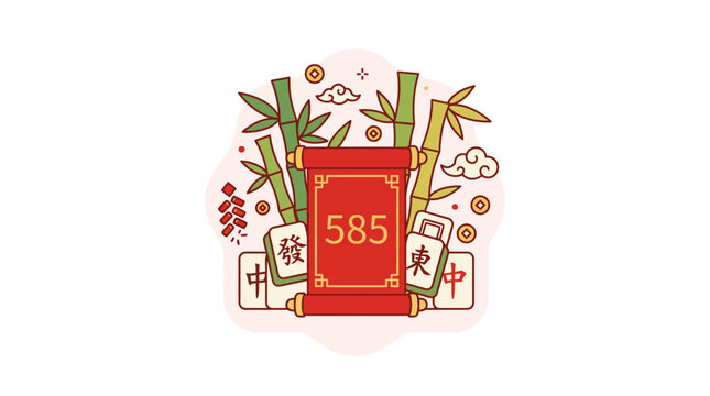 Chinese mahjong illustration with red scroll and bamboo stalks
