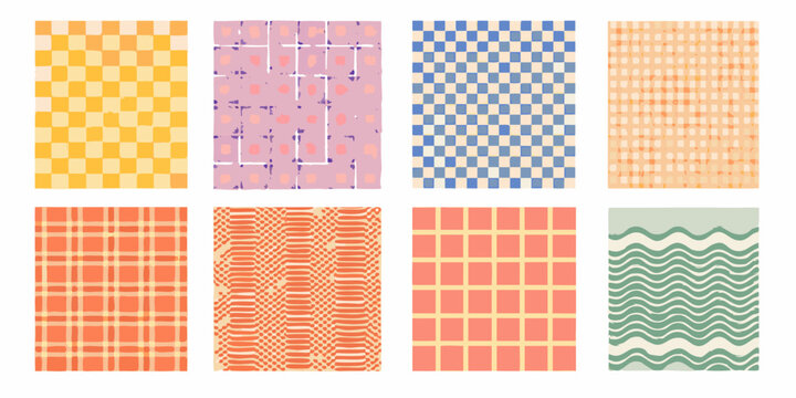 Collection Of Eight Retro style Checkerboard And Wavy Patterns On White Background