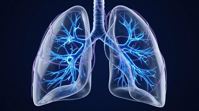 The human lungs are shown with their internal bronchi and bronchioles illuminated in blue against a dark background.