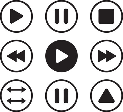 Media player control buttons set play pause stop record forward rewind previous next eject and repeat icons in circle vector illustration for multimedia applications, audio systems 