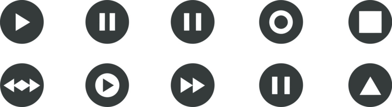 Media player control buttons set play pause stop record forward rewind previous next eject and repeat icons in circle isolated vector collection for video players, music apps, streaming platforms 