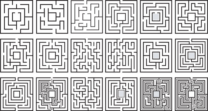 Square maze puzzle game collection with various difficulty levels labyrinth grids for kids logical education and brainstorming vector elements set