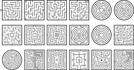 Geometric maze puzzle game collection with square and circular labyrinths for kids education logic brainstorming vector elements set © Sukhi
