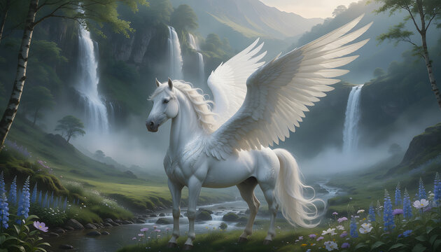 A mystical white horse with feathered wings stands in a lush valley, surrounded by waterfalls and soft light and shadow, creating a premium cinematic aesthetic.