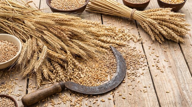 Harvested wheat grains scattered on a wooden table with sickle and bowls