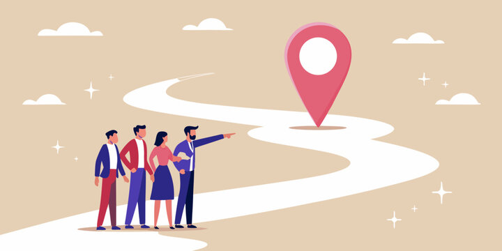 Business Team Looking At Map Marker Flat Vector Illustration