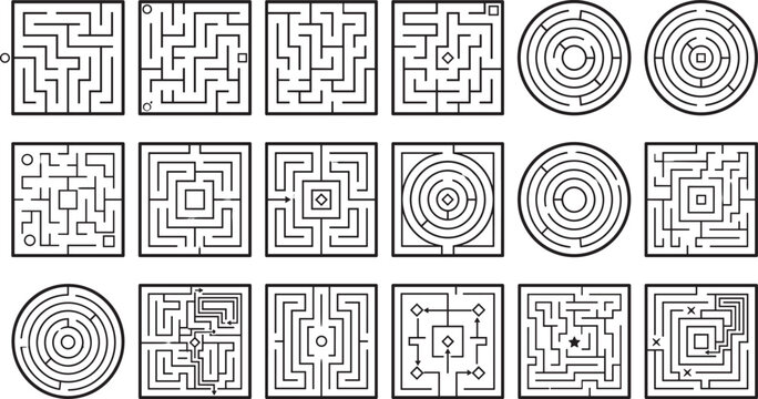Geometric maze puzzle game collection with square and circular labyrinths for kids education logic brainstorming vector elements set