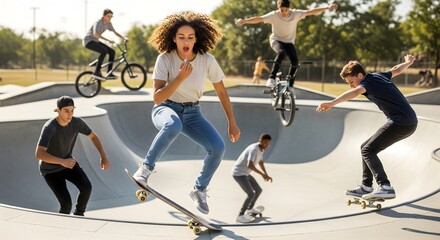 Obraz premium Diverse teenagers skateboarding and cycling at a concrete outdoor skatepark