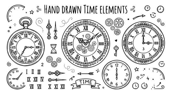 Hand drawn clock time elements roman numerals decorative hands, doodle sketch collection, black ink vector illustration