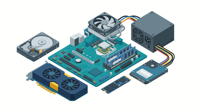 Exploded view of a flat vector computer motherboard with components