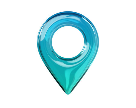Glossy turquoise 3D map location pin icon. Front view. Transparent glass navigation marker isolated on background for GPS, map, travel and UI design. 3d render.
