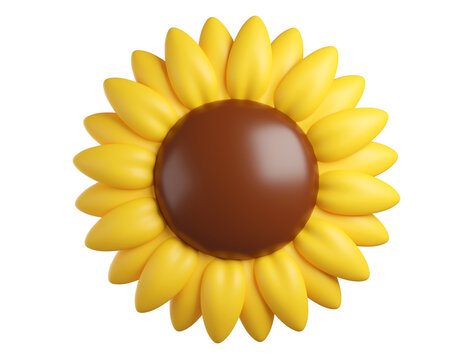3d Sunflower icon with yellow petals and brown center, isolated on background. Front view. Blooming Flower for spring, summer, autumn, harvest, stickers, posters. 3d render
