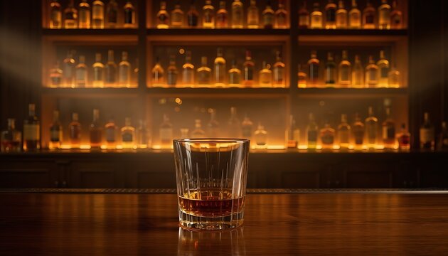 A crystal glass of premium whiskey on a wooden bar counter, conveying ultimate luxury, sophisticated nightlife, and refined relaxation under warm amber lighting.