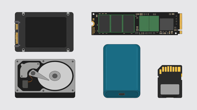 Minimal computer data storage hardware flat vector illustration set including SSD, HDD, NVMe, and SD card