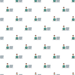 Fototapeta premium Call center agents with headsets working on computers repeat in a consistent pattern