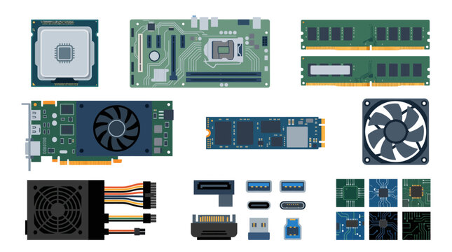 Flat vector illustration of essential computer hardware components. A modern set including CPU, motherboard, RAM, GPU, and power supply for technology and PC building