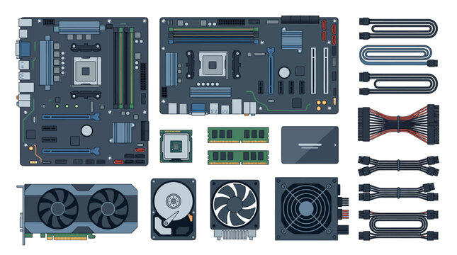 Flat vector illustration of various computer hardware parts and components for PC building and electronic engineering