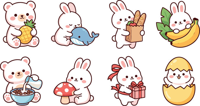 Cute rabbit and bear character vector illustration set enjoying easter food gifts and summer fruits lifestyle graphics