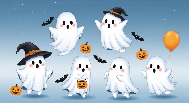 Cute halloween ghosts collection with pumpkins, bats, witch hats and balloon on blue background
