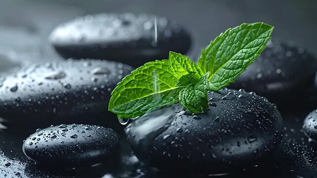 Fresh green mint leaves resting on wet black basalt spa stones