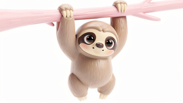 Cute cartoon sloth hanging from tree branch.