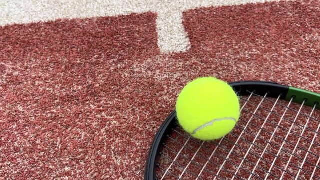 A tennis racket and ball rest on an artificial court surface, highlighting sport equipment and the variety of playing grounds available. Tennis gear catalogs, sports facility brochures, coaching