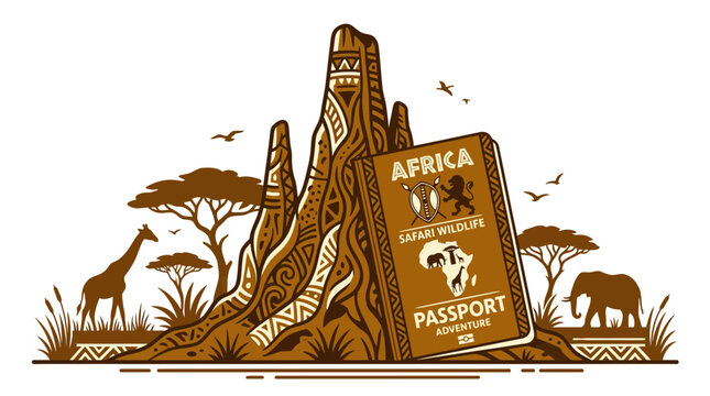 African safari passport with giant anthill and wildlife.
