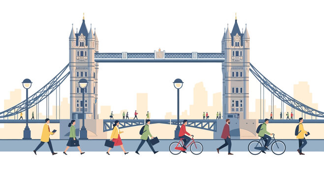 Tower Bridge London cityscape with pedestrians and cyclists, flat illustration