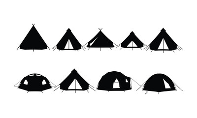 Silhouette of various camping tents in black on white background © SHAHUDUL