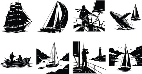 Nautical Maritime Silhouette Collection Featuring Sailboats Ships Fishermen and Ocean Wildlife © Limon