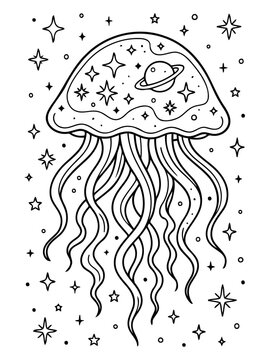 Cosmic Jellyfish: A whimsical illustration depicts a jellyfish transformed into a celestial entity, adorned with stars and a ringed planet, floating in the vast expanse of space.