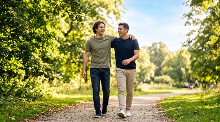 Obraz premium Two young male friends walking side by side and laughing in a sunny park, conveying strong male bonding, carefree youth, and a healthy lifestyle.